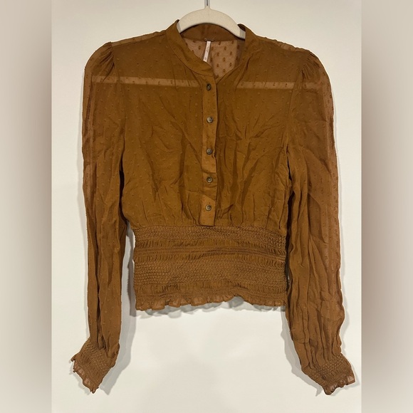 Free People Brown Swiss Dot Sheer Smocked Blouse XS - Picture 3 of 5